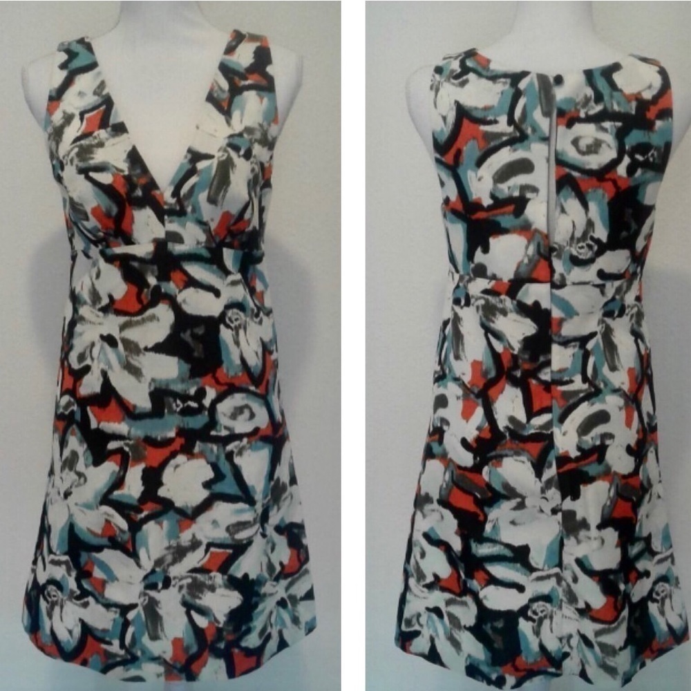 Milly Floral Print V-Neck Dress in White, Blue & Orange